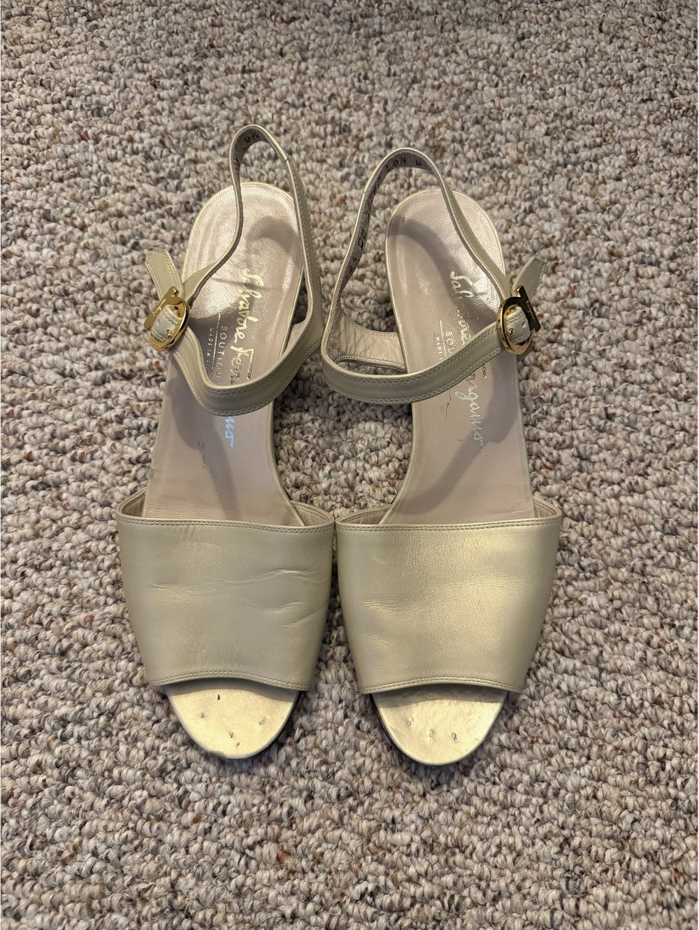Salvatore Ferragamo vintage gold Antares open sandal kitten heels